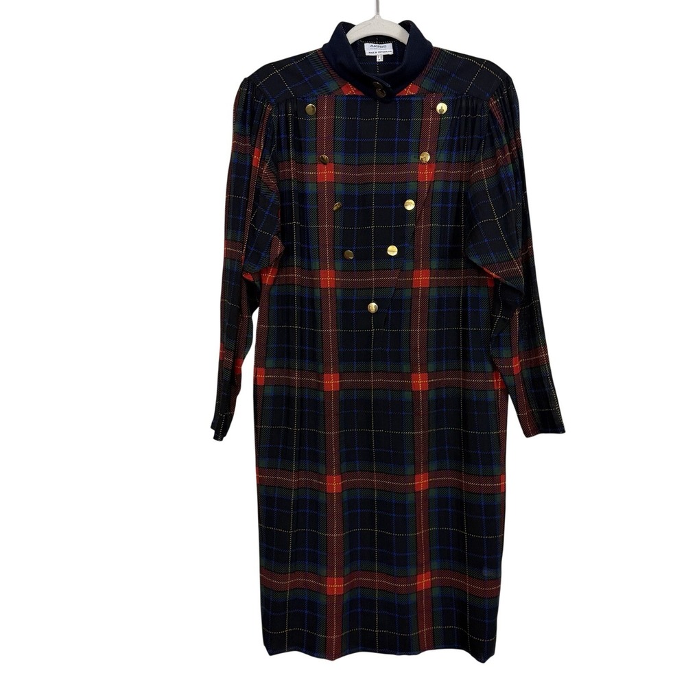 Vtg 70s 80s AKRIS Switzerland Plaid Wool Sack Dress Sz 4 Navy Blue Red Designer